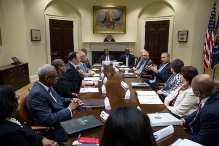 President Barack Obama meets with African American civil rights leaders to discuss criminal justice reform, income inequality and the Affordable Care Act, in the Roosevelt Room of the White House, Feb. 18, 2014. (Official White House Photo by Pete Souza)